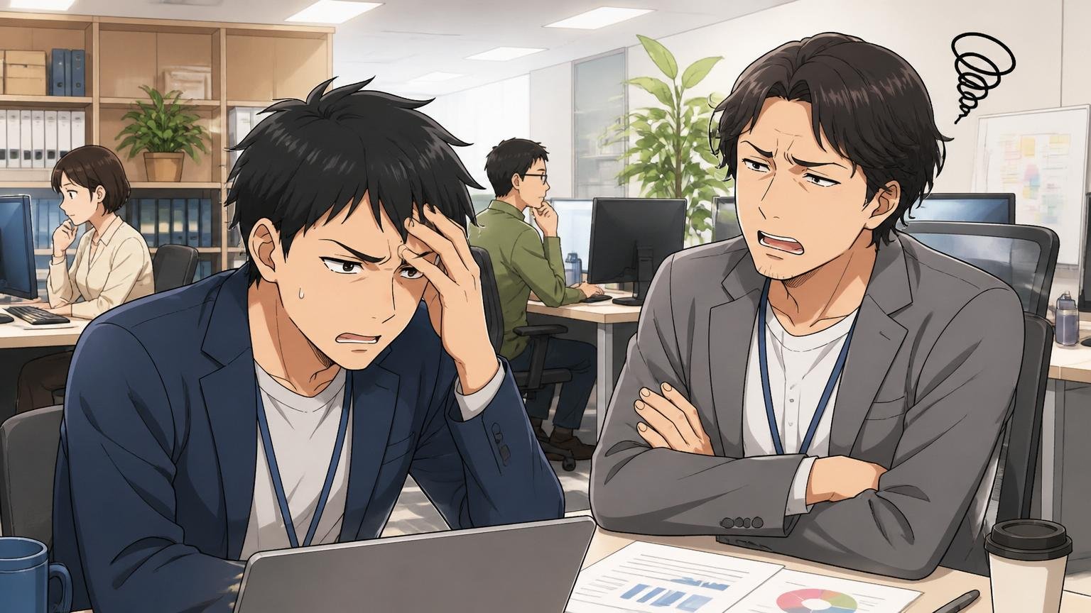 それでも「やばい」と感じる人がいる理由 SaaS企業のオフィス 中堅社員2人が評価制度に不満気な表情