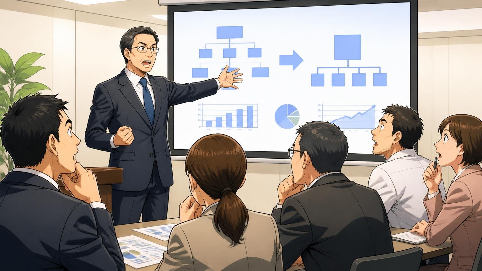 NECブランドと2026年4月の事業集約による中長期の安定性。大手SIerのIR説明会場で40代経営層がプロジェクター前で組織再編の説明を行い社員5名が真剣に聞き入る