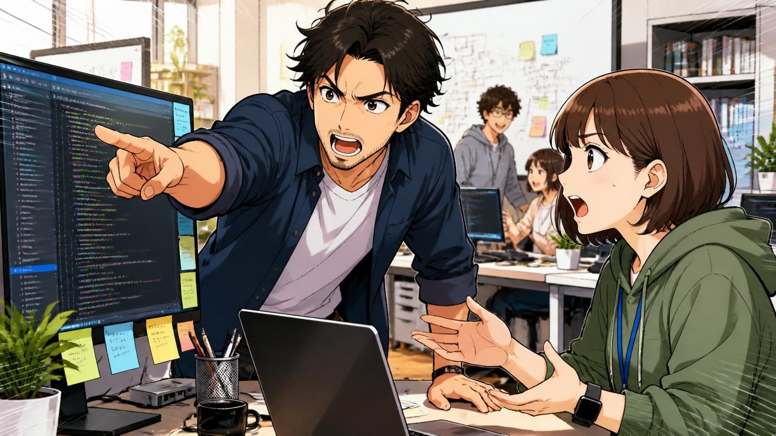モダンな技術を求めるエンジニアの姿/Web系スタートアップのオフィス/30代男性1人と20代女性1人/モニターを指して熱く議論する