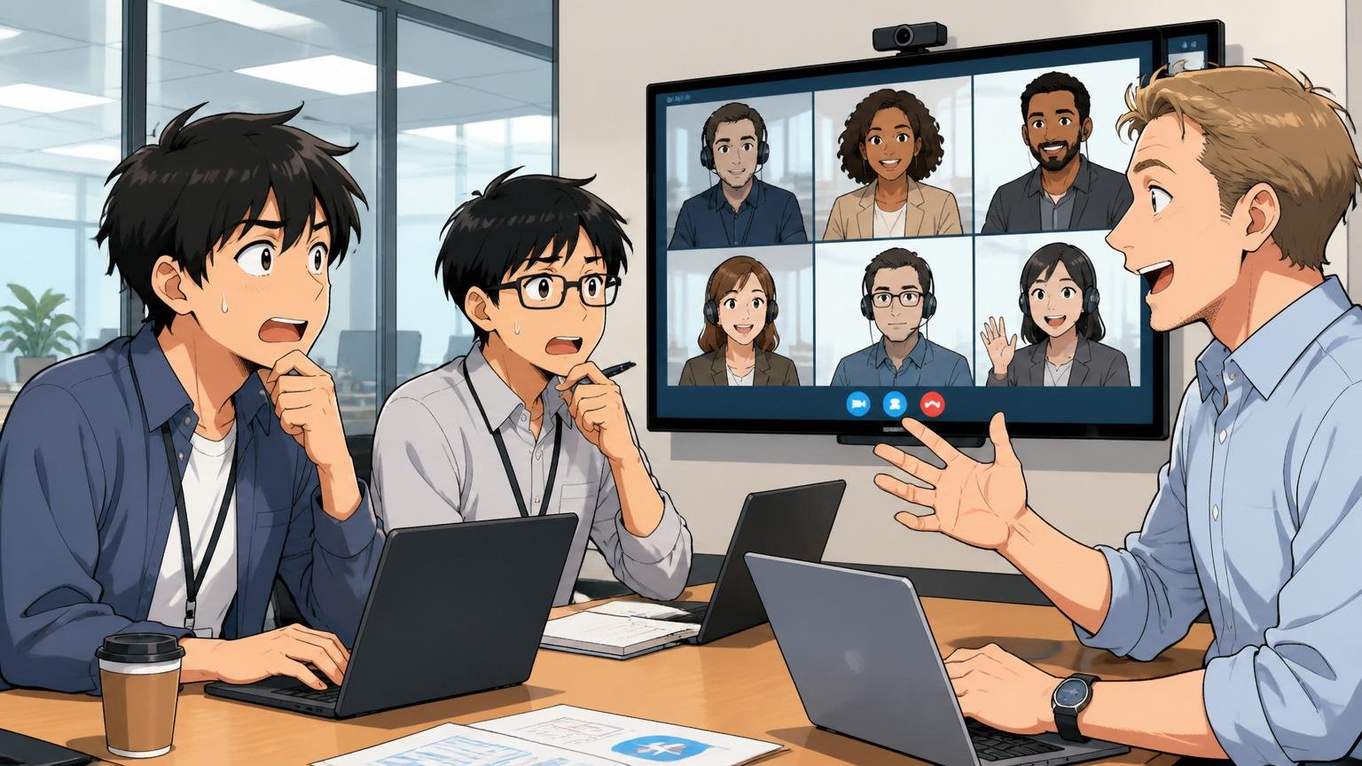 本当にIJDS固有の課題は「IBM文化」へのフィット感／グローバル企業のオフィス／日本人エンジニア2人と外国人マネージャー1人／英語のオンライン会議に参加