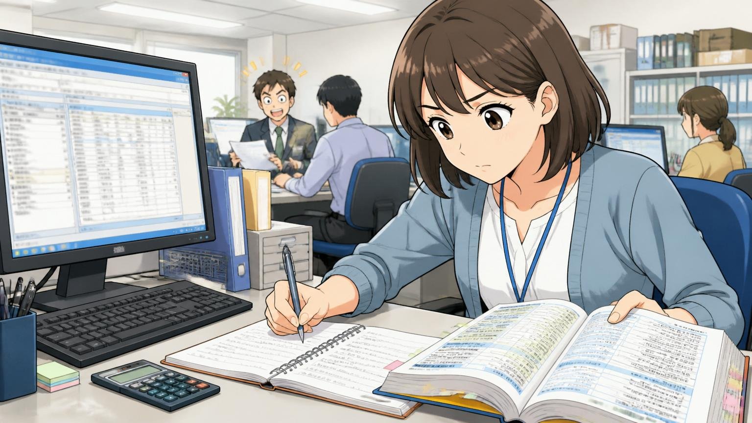 簿記の本と業務ソフト画面が並ぶ業務系ソフトベンダーの執務机、30代女性社員1人、ノートに書き込みながら学ぶ