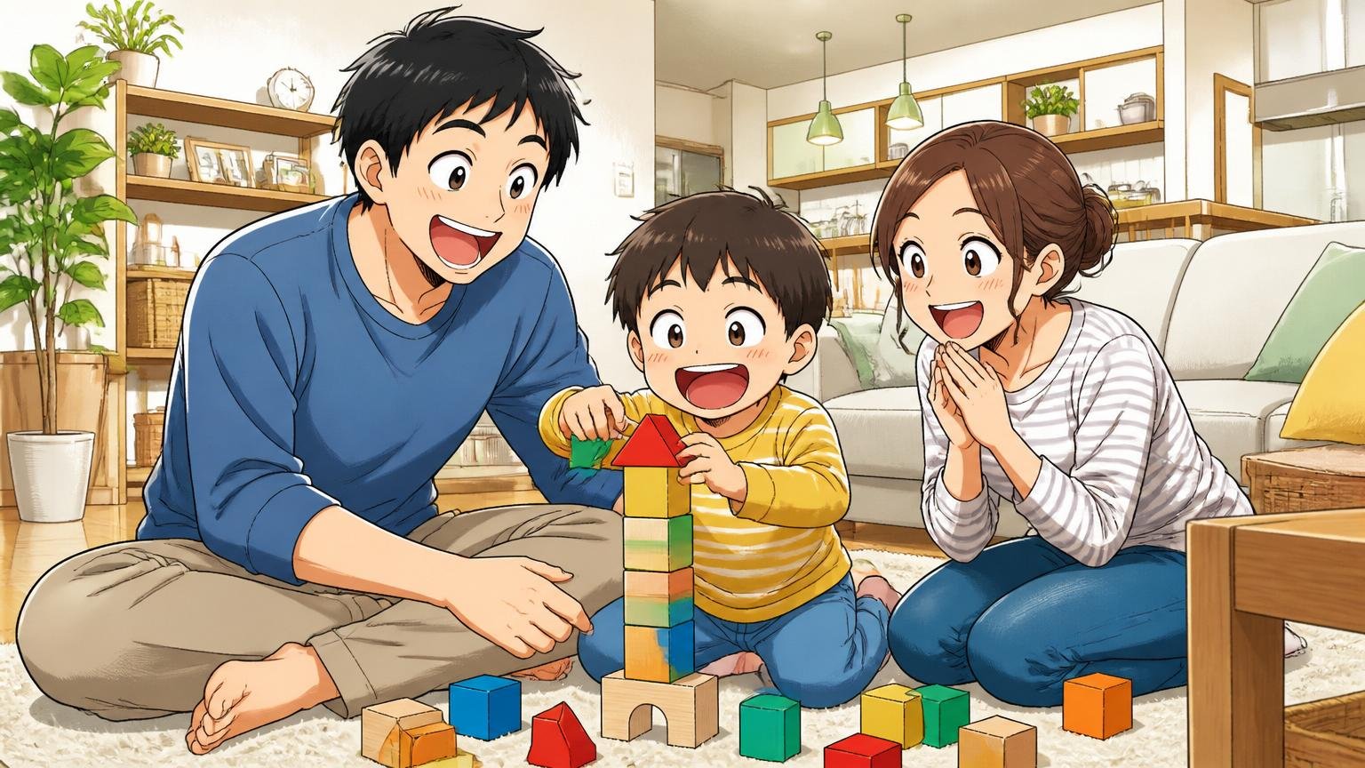 ワークライフバランスと福利厚生で家族の時間を確保するシーン。自宅のリビングで30代の夫婦と子どもがリラックスして過ごす
