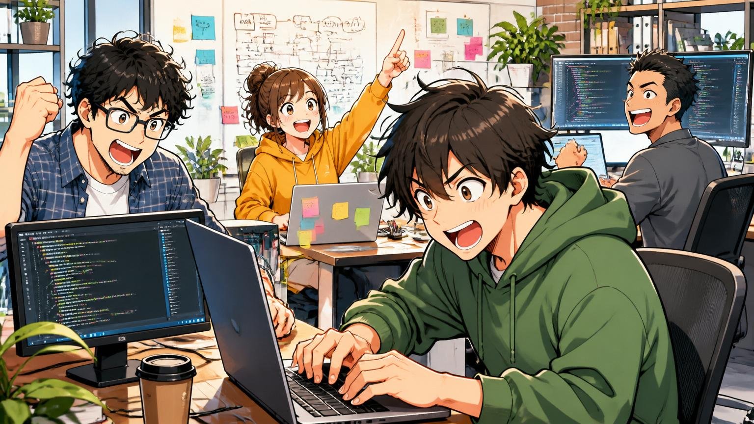 Web系スタートアップのオフィスでモダンな技術で開発に没頭するエンジニアたち、登場人物は4人、活気ある雰囲気