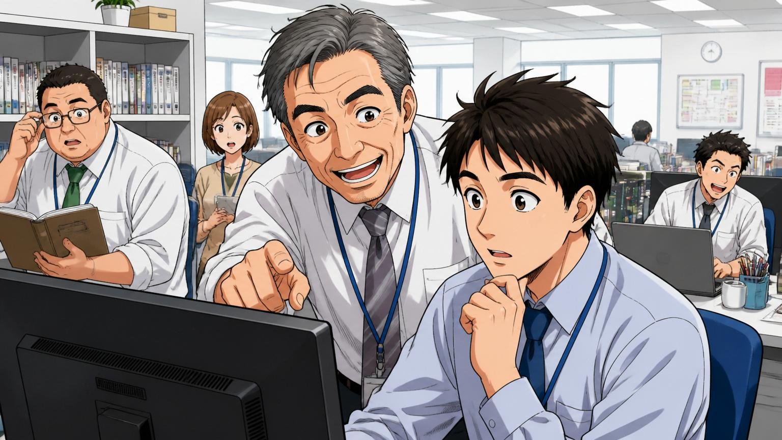 平均勤続25年が示す安定性｜大手SIerオフィスでベテラン男性社員が後輩を指導する様子