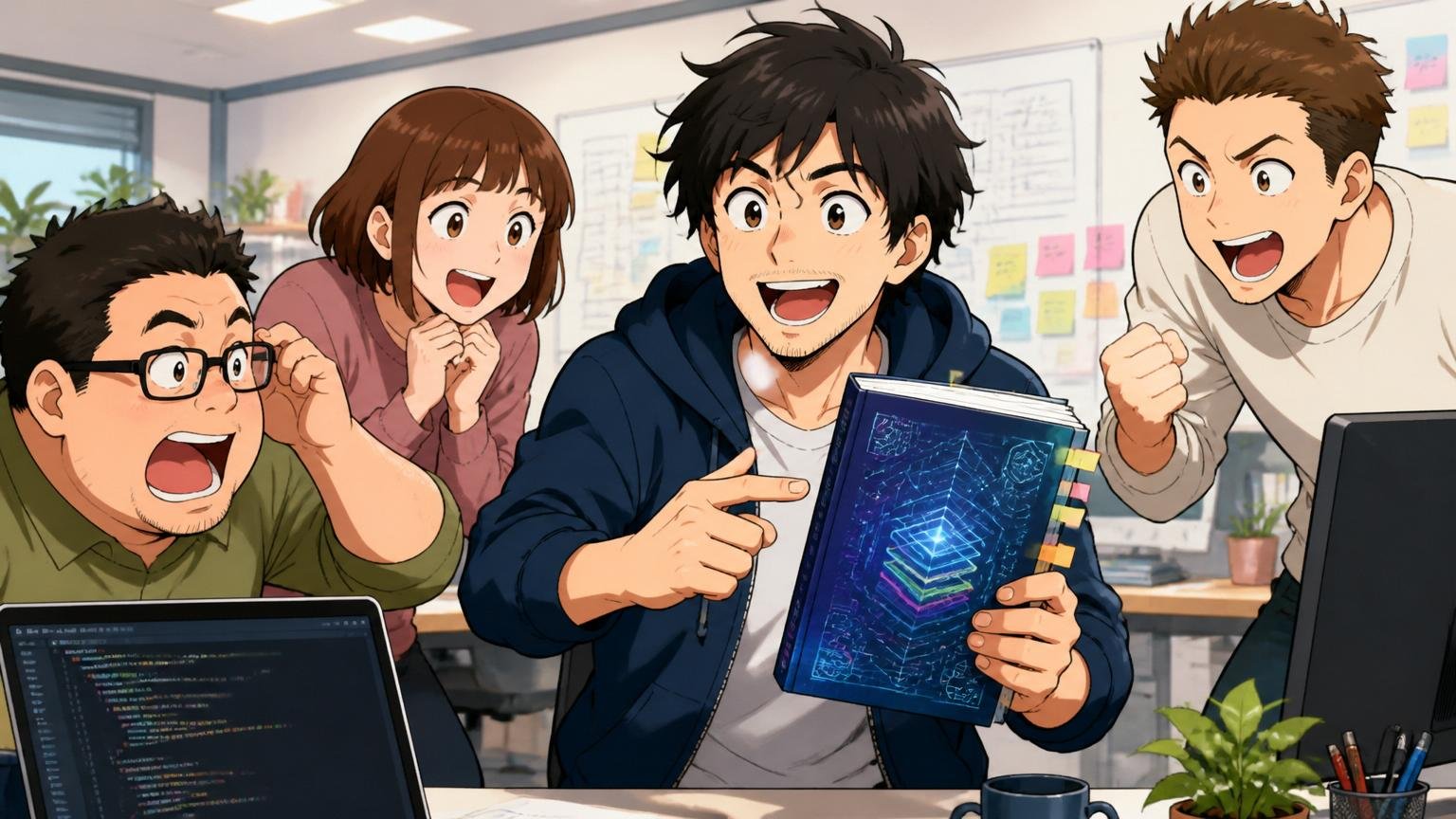 Web系スタートアップのオフィスで30代男性エンジニアが新しい技術スタックの本を抱えて目を輝かせて議論している