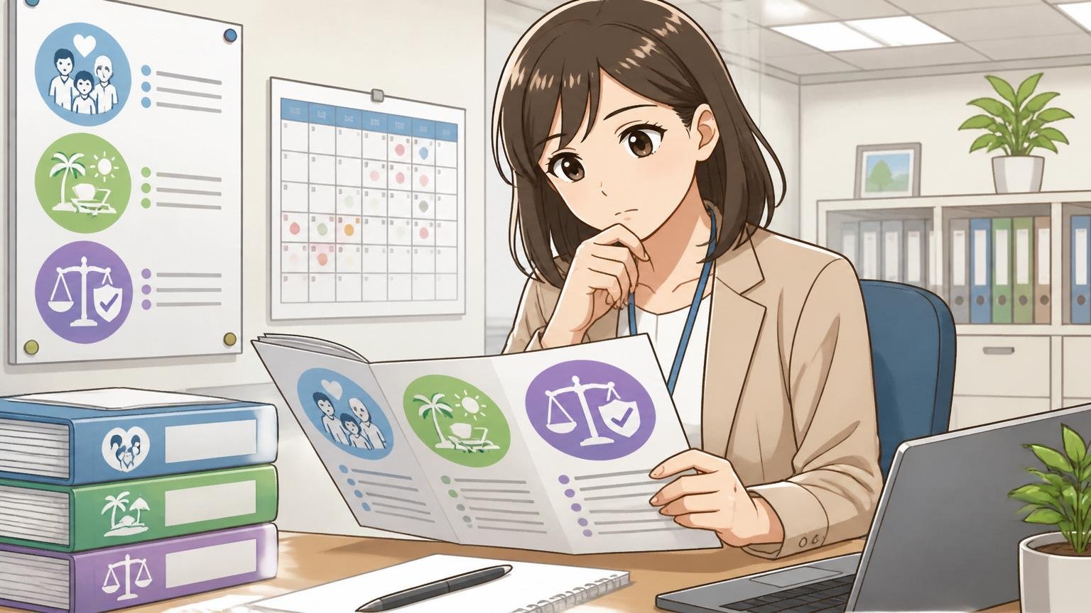 福利厚生・休日・コンプラの地味だが固い3点セット／SIerのオフィスでカレンダーと福利厚生資料を確認する女性社員1人