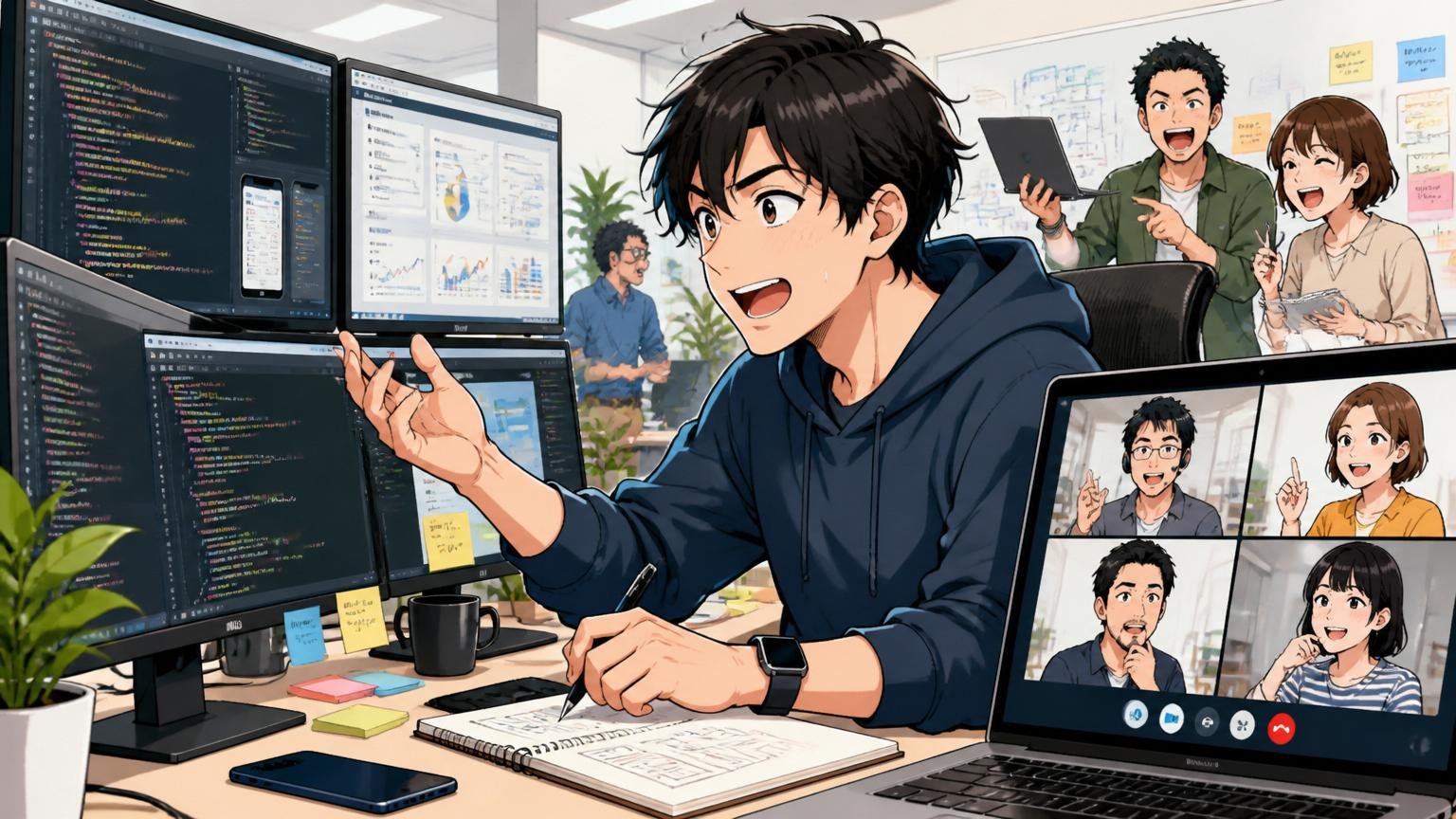 Web系スタートアップのオフィスで複数モニターを使い分けプロダクト開発と顧客ヒアリングを並行する30代男性エンジニア
