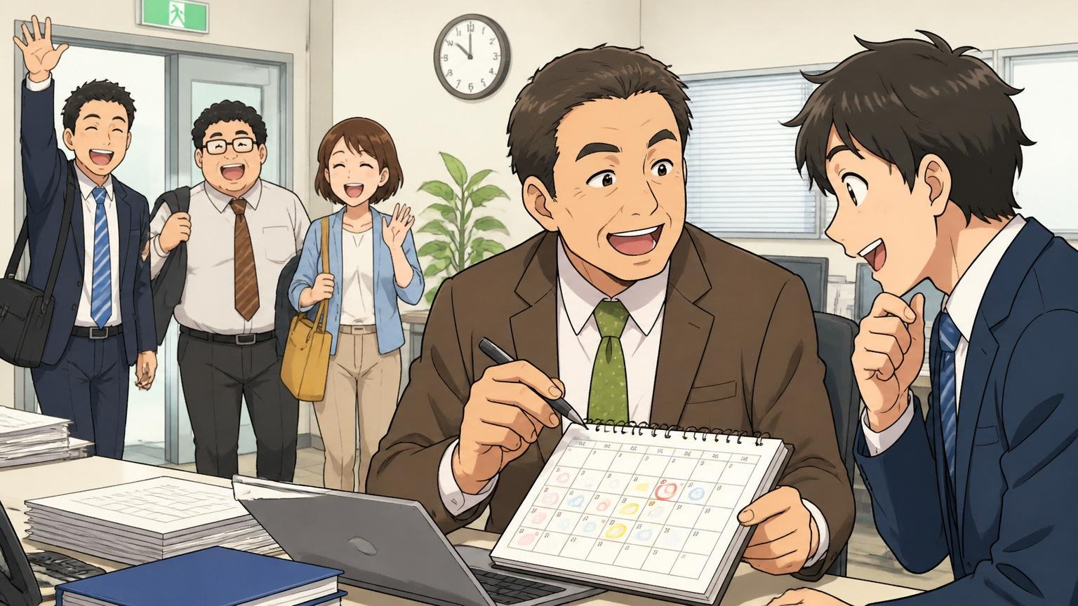 オフィスで定時退勤する複数の社員と有給休暇の予定を確認する管理職が穏やかに談笑する場面