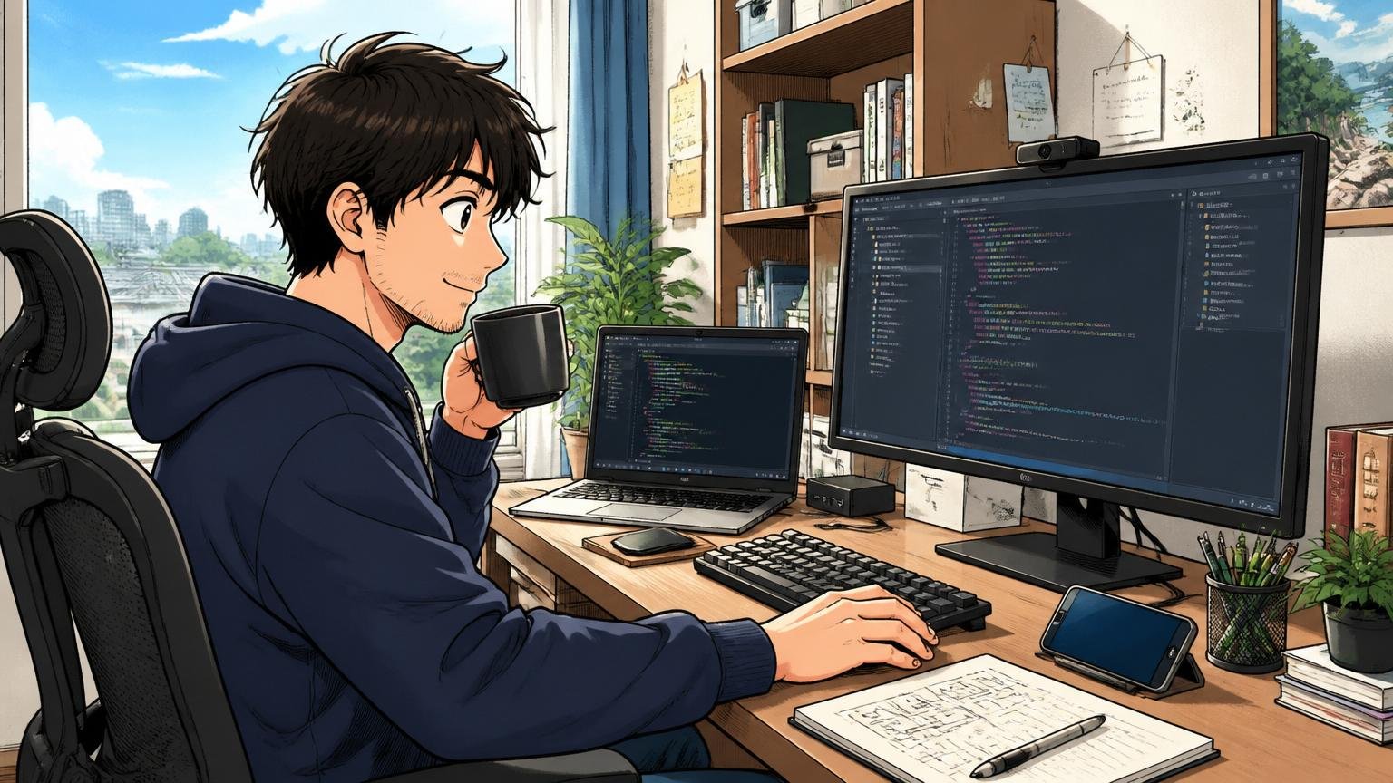 自宅のデスクで在宅勤務するエンジニアが昼の窓辺でコーヒーを片手にPC画面を見ている