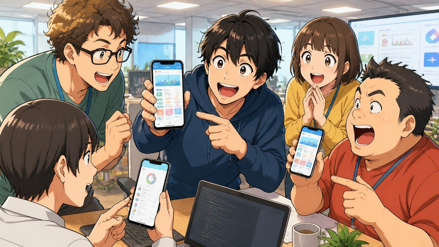 Web系メガベンチャーのオフィスで複数のスマートフォン画面に映る自社プロダクトを見ながら誇らしげに語り合うエンジニアたち