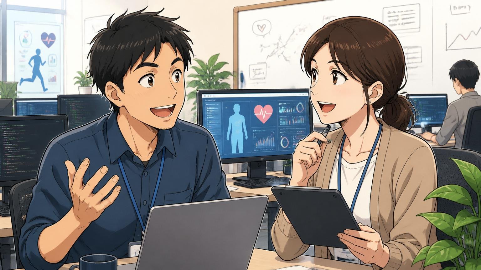 ヘルスケアテック系スタートアップのオフィスで30代男性エンジニアが先輩女性社員と笑顔で会話する
