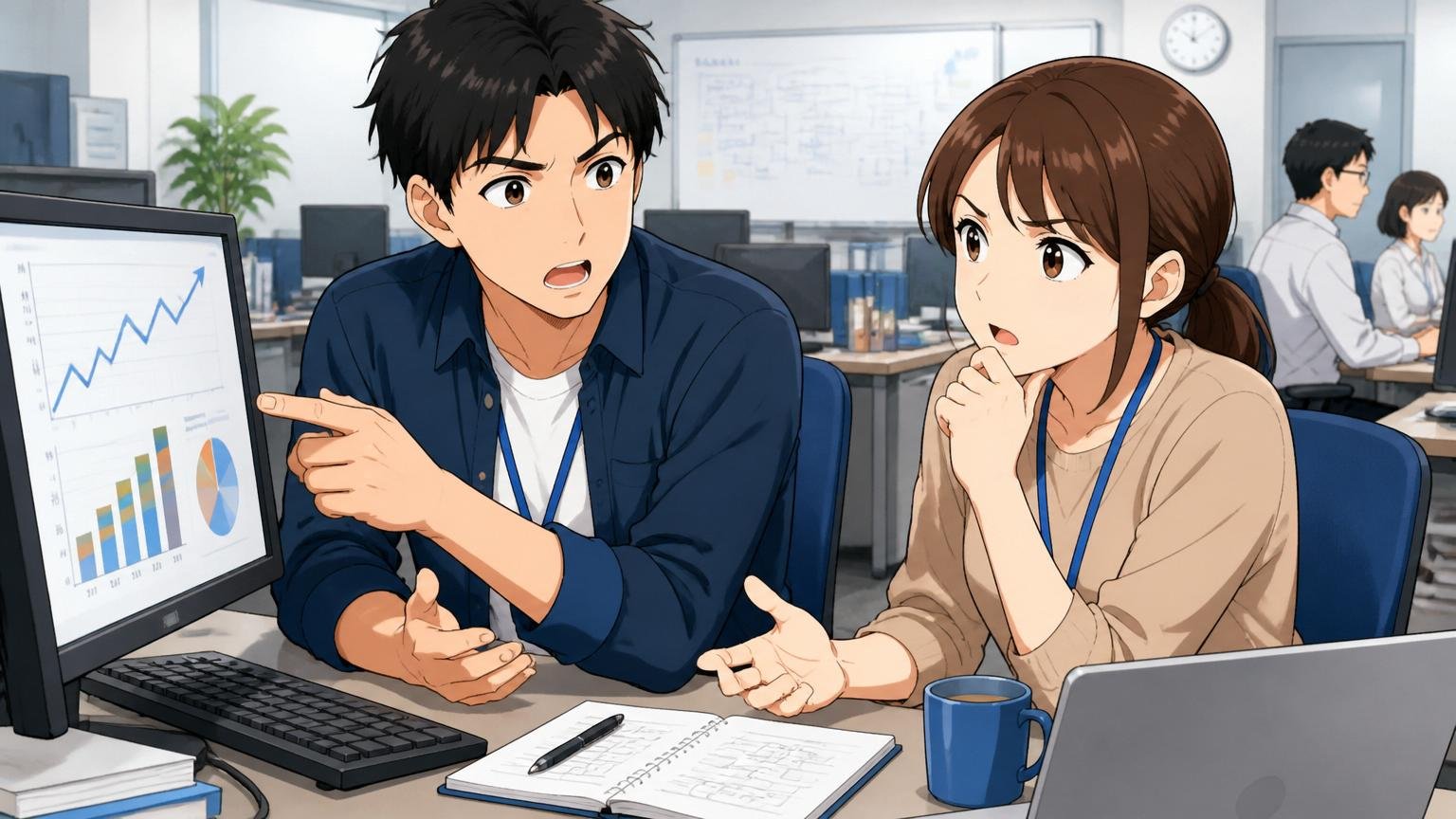 実務2〜5年の若手エンジニアの分岐点。SIerのオフィスで、男性社員1人と女性社員1人がモニターを見ながら自分のキャリアの伸び方について真剣に話し合っている