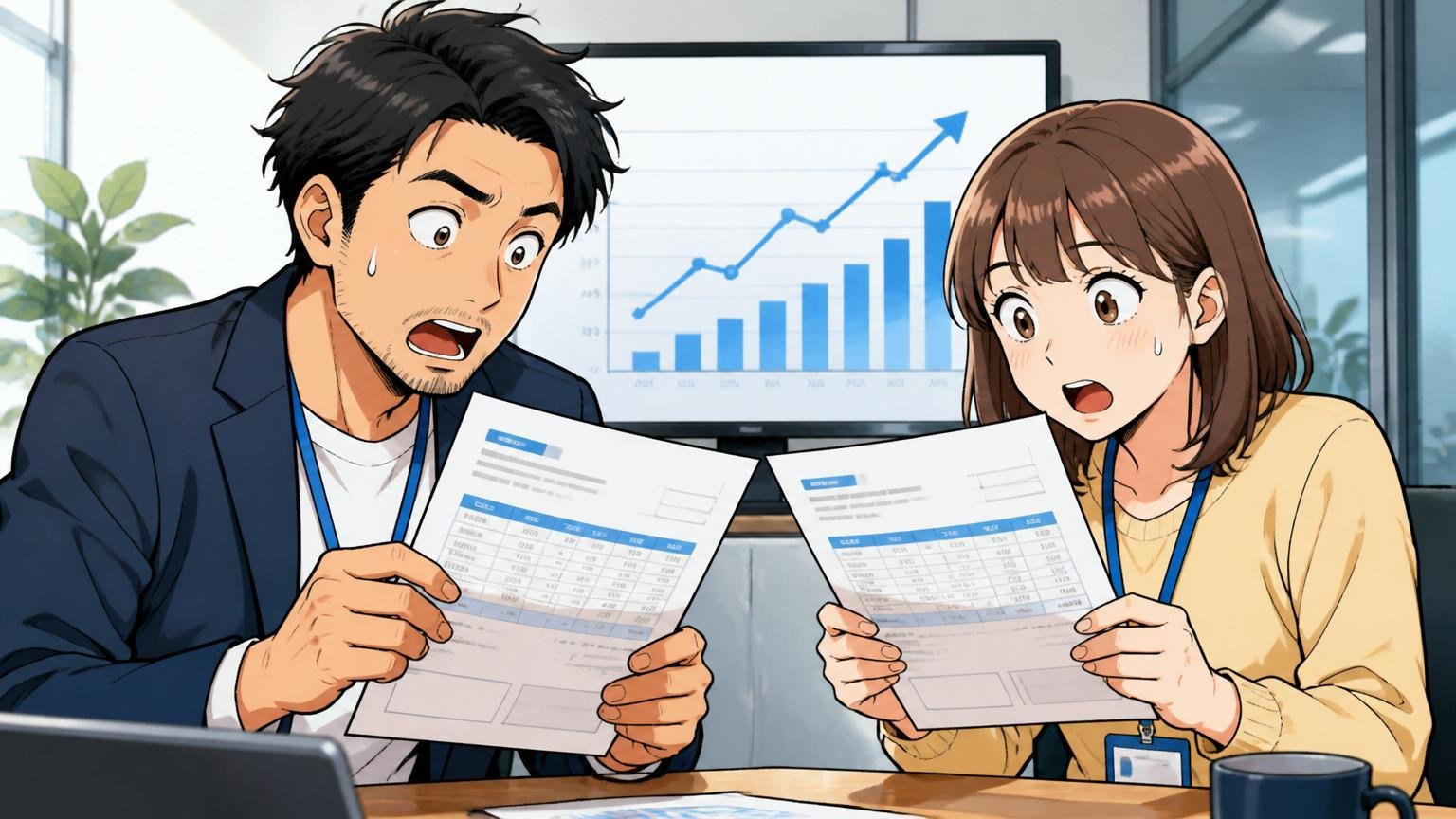 平均年収の推移。Web系企業の会議室で30代男性と20代女性が給与明細を見比べ少し驚いた表情を浮かべるシーン
