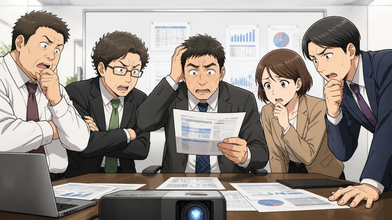 企業の会議室で新しい人事制度の説明資料を見ながら戸惑う中堅社員たち