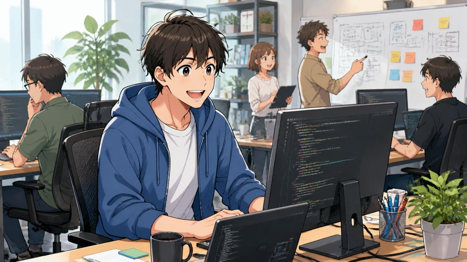 Web系スタートアップのオフィスで20代後半男性エンジニアが明るい表情でモニターを見ながらモダンな開発環境で作業している様子