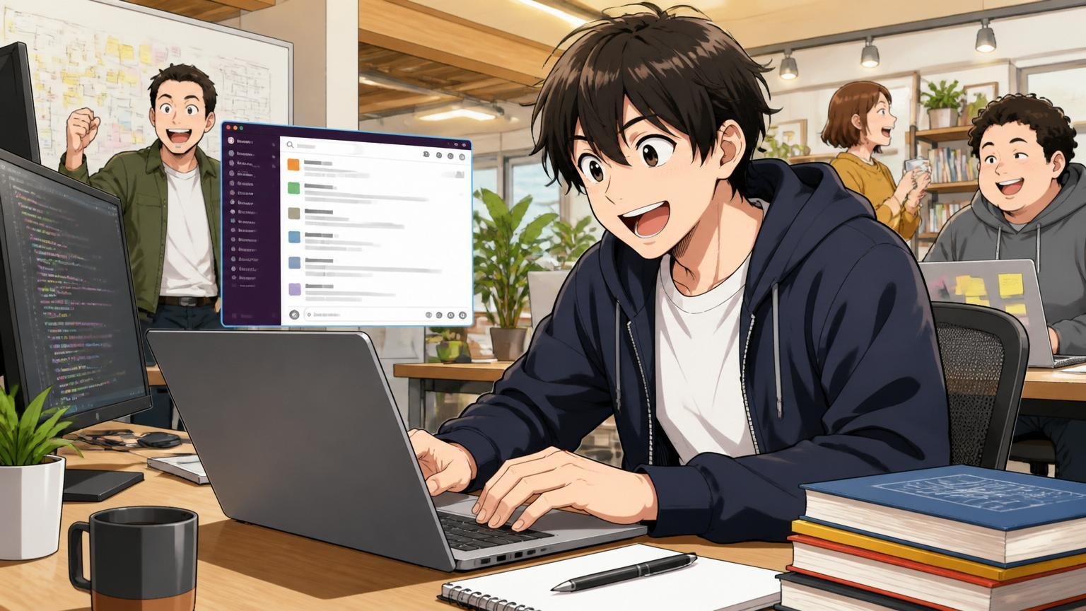 副業（複業）自由を活用する場面、Web系スタートアップのオフィスで30代エンジニアが副業案件のSlackを開く