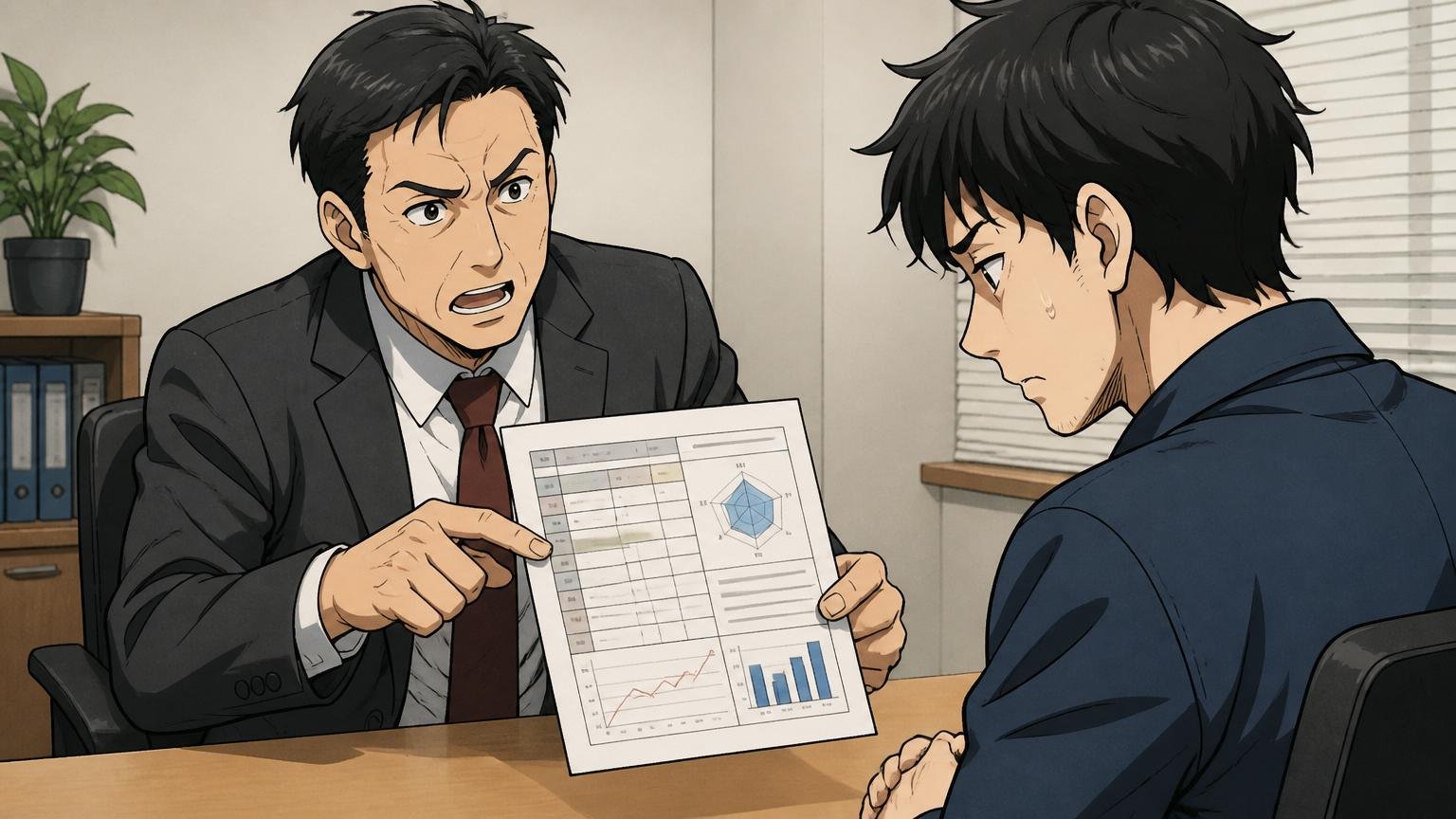 企業の人事評価面談室で40代男性上司から評価表を見せられる30代男性エンジニアが浮かない表情を浮かべる場面