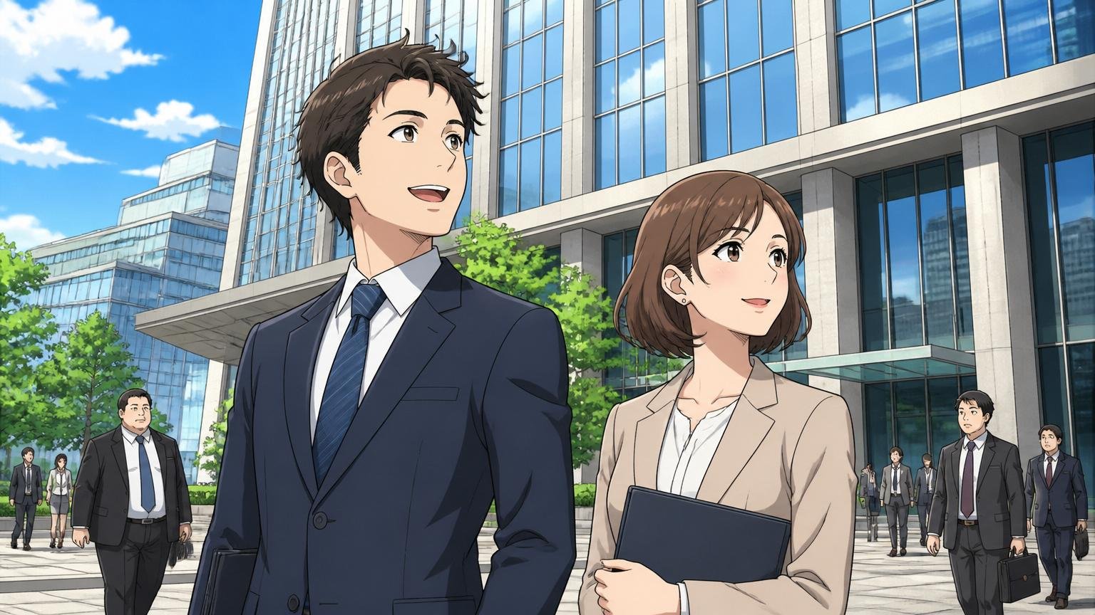 金融グループ本社ビルの前で安定したオフィス景色を眺める30代男女の社員2人