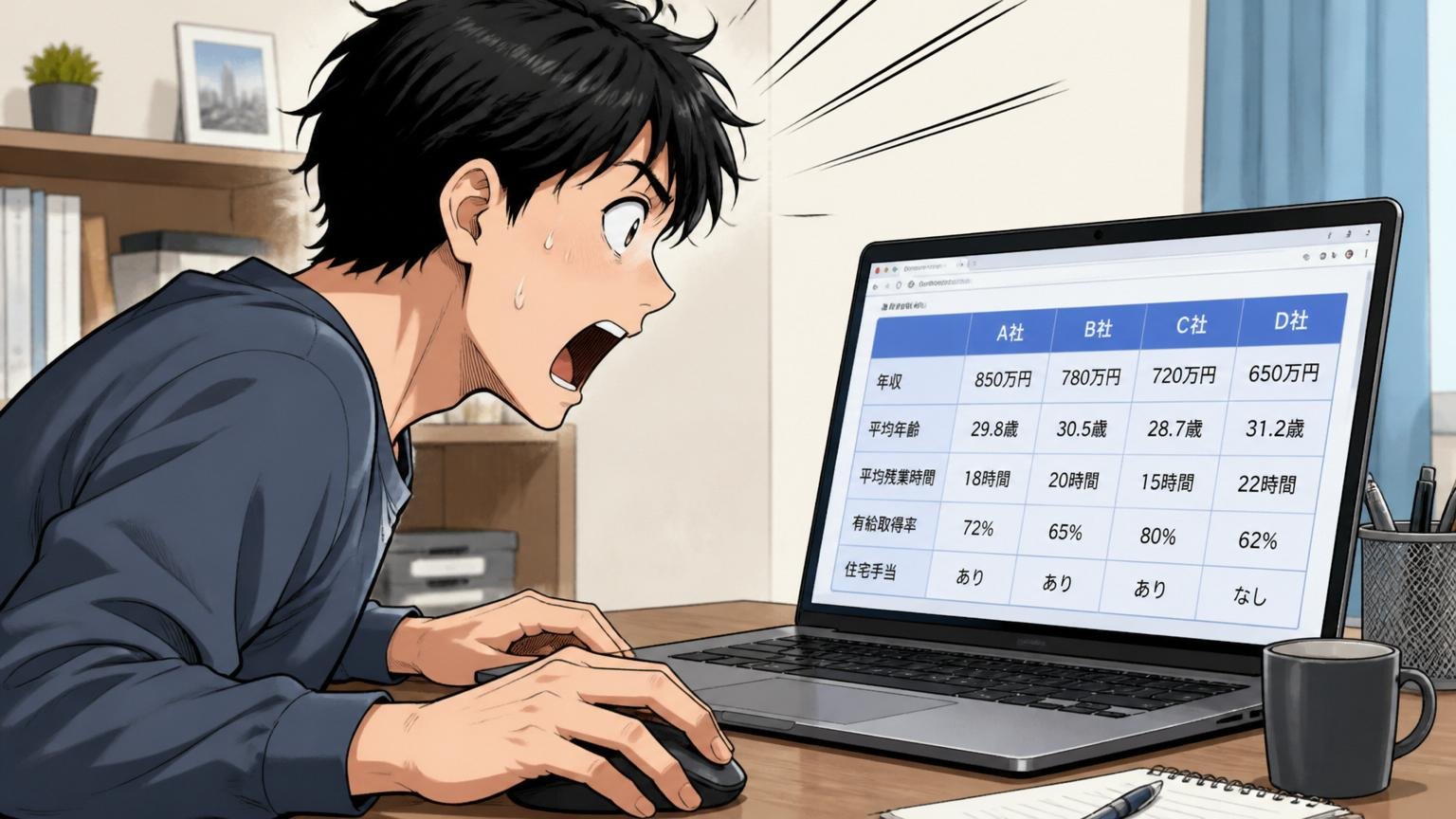 自宅のデスクで他社の年収情報を調べて愕然とする20代後半SEの横顔