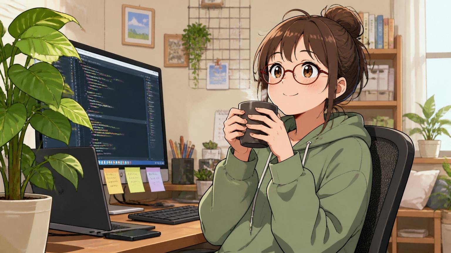 自宅のデスクで在宅勤務中、観葉植物の脇でコーヒーを飲みながらリラックスする女性エンジニア1人