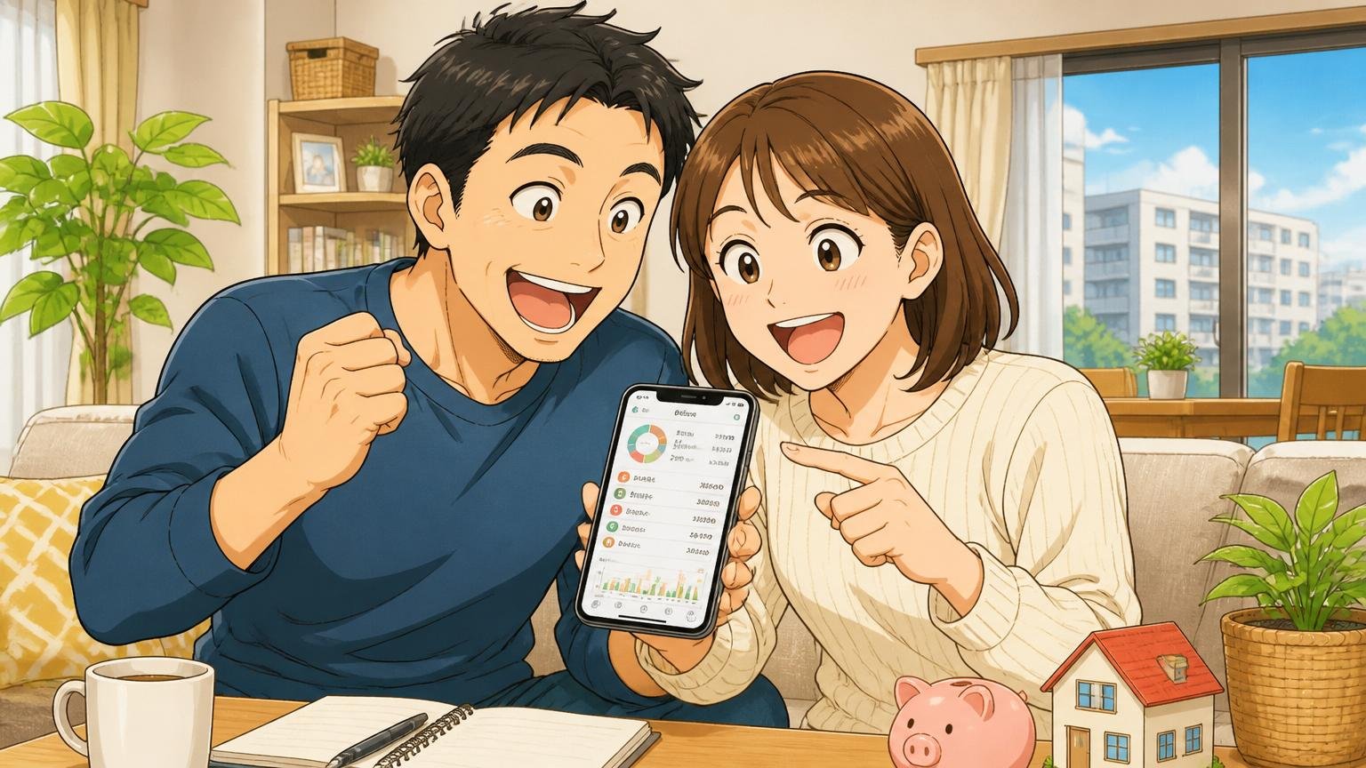 福利厚生・住宅補助・退職金の手厚さ 自宅マンションのリビングで家計簿アプリを見ながら笑い合う30代夫婦