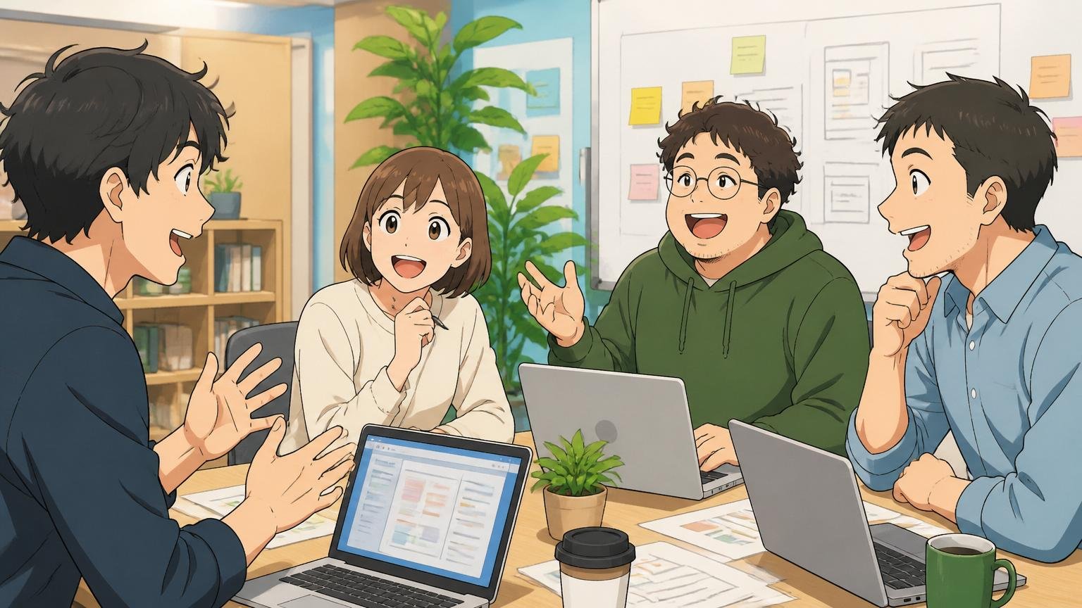 フラットな社風のミーティング、Web系オフィスで30代男女、和やかに会話