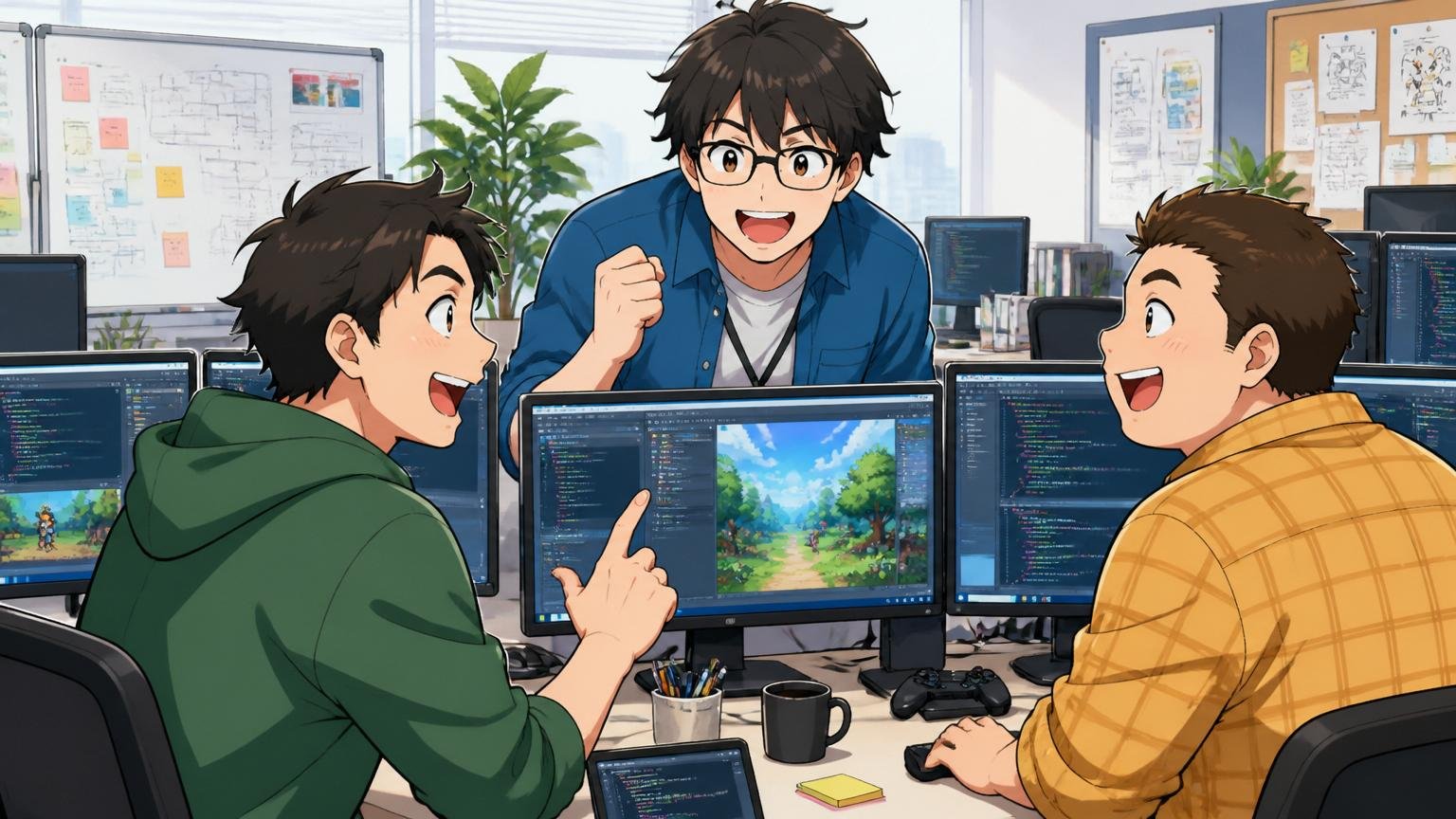 IT企業の明るいオフィスでゲーム開発の経験を活かし、生き生きとした表情でWebサービス開発に取り組む複数のエンジニア3人
