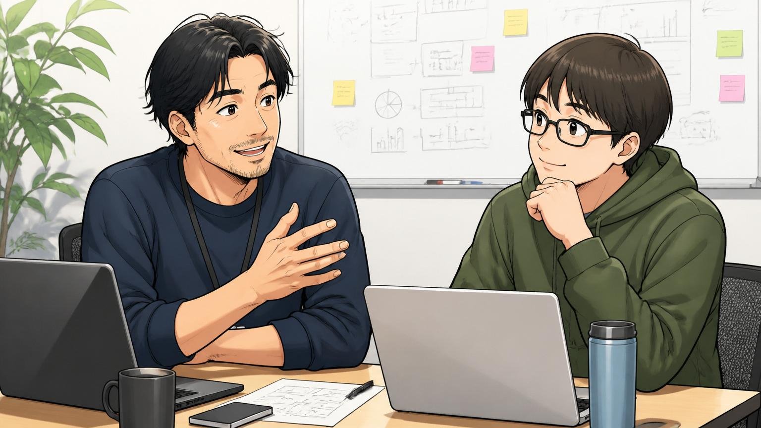 「残るという選択も立派なキャリア戦略」会議室で落ち着いた表情で話し合う中堅エンジニア2人
