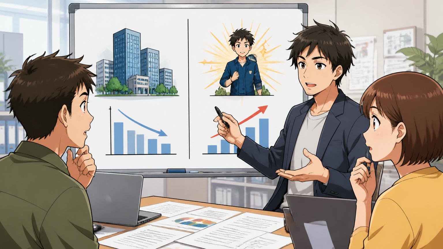 会社の将来性と個人の市場価値を切り分ける。広告代理店のオフィスで先輩が後輩2人に説明する、落ち着いた表情