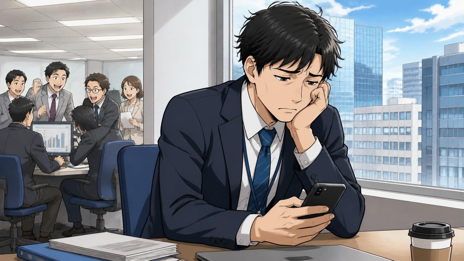 親会社の電通と比べてしまう。オフィスの窓際でスマホを見る30代男性が落ち込む