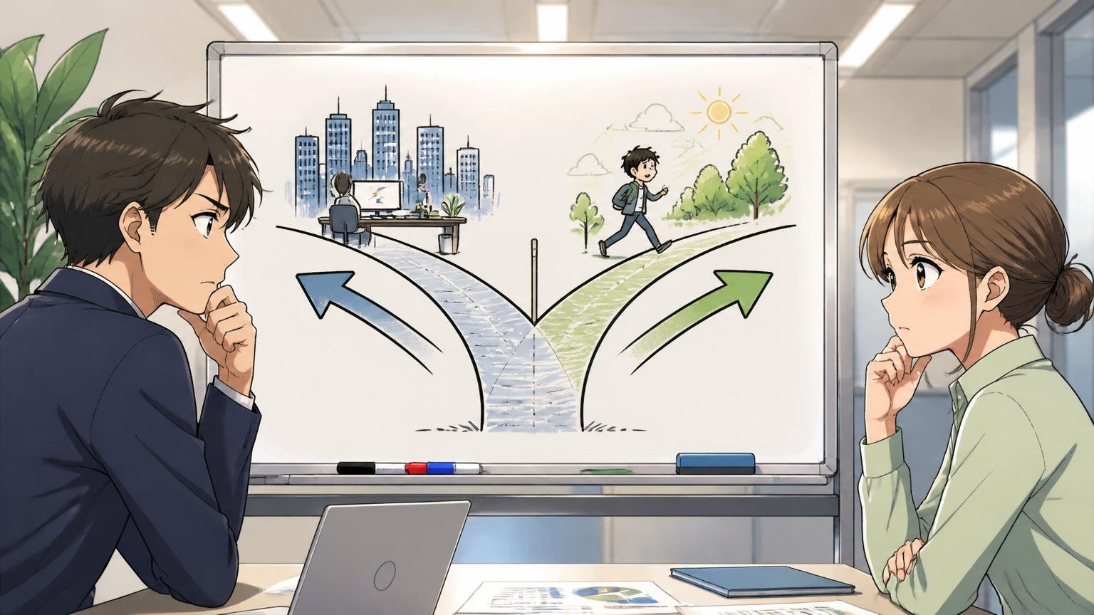 残るのが向く人と動くを考える人。IT企業の会議室で男女社員2人が分かれ道のボードを見て考える