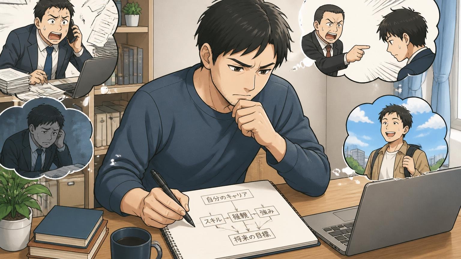 転職を検討したほうがいい人。自宅のデスクで30代男性が真剣な表情でノートに自分のキャリアを書き出す