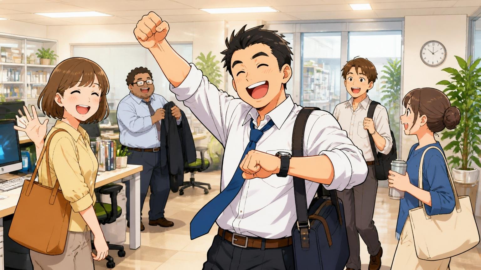 福利厚生という見えない年収。きれいなオフィスで定時退社しリラックスする複数の社員が笑顔