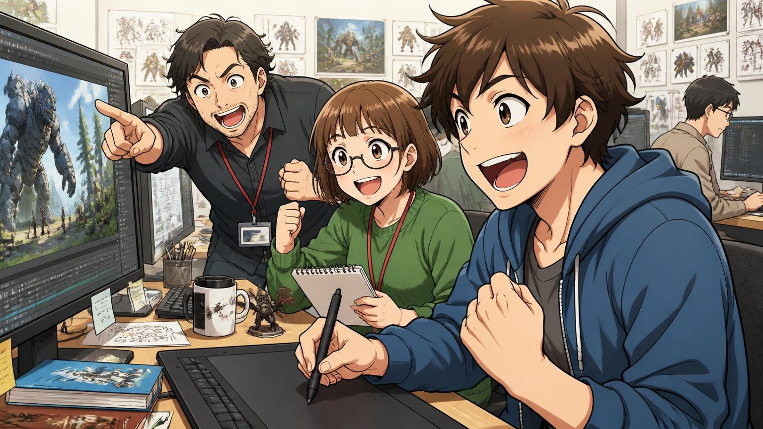 ゲーム開発スタジオで大型タイトルの開発に没頭し充実した表情のクリエイター2〜3人