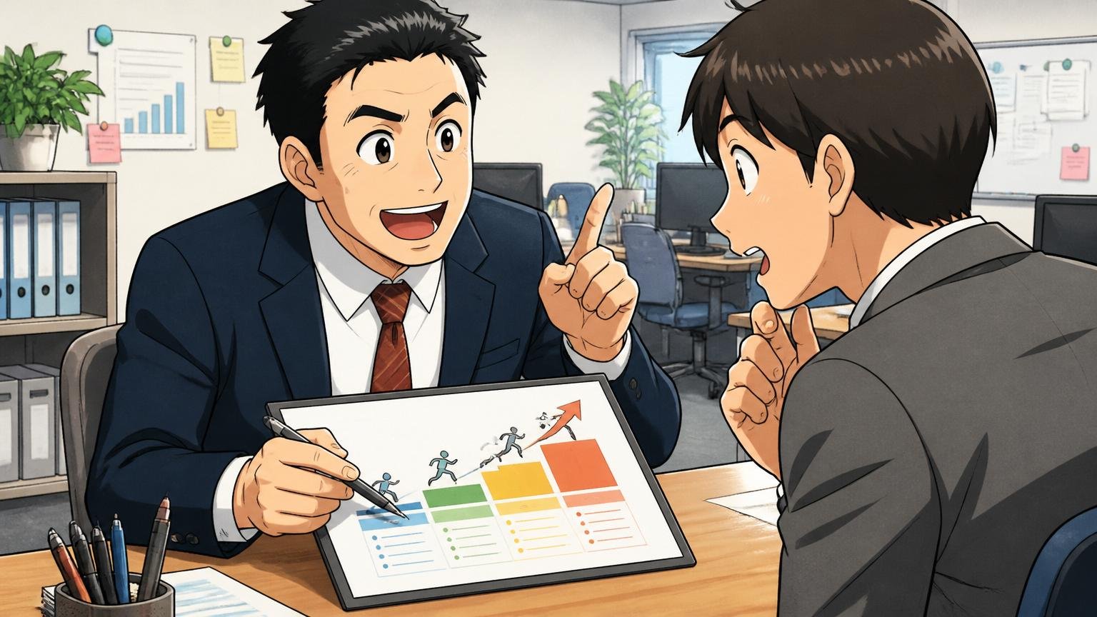 ハピネットに残って年収を上げる現実的な道。オフィスで先輩社員が後輩に昇進の道筋を説明する