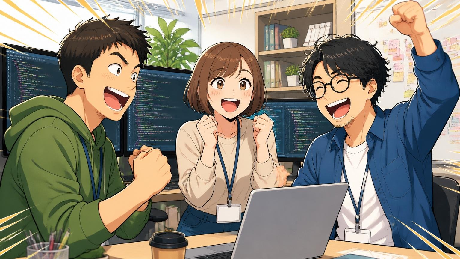 実力主義とアウトプット評価という良い面 Web系オフィスで成果を称えあう男女エンジニア3人の明るい表情