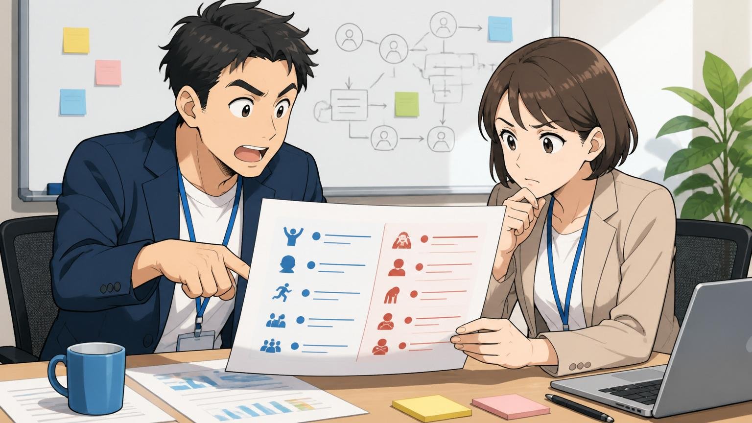 GMOインターネットに残るのが向いている人と合わない人のタイプを整理する場面、企業の会議室、2人、リストを見ながら検討する