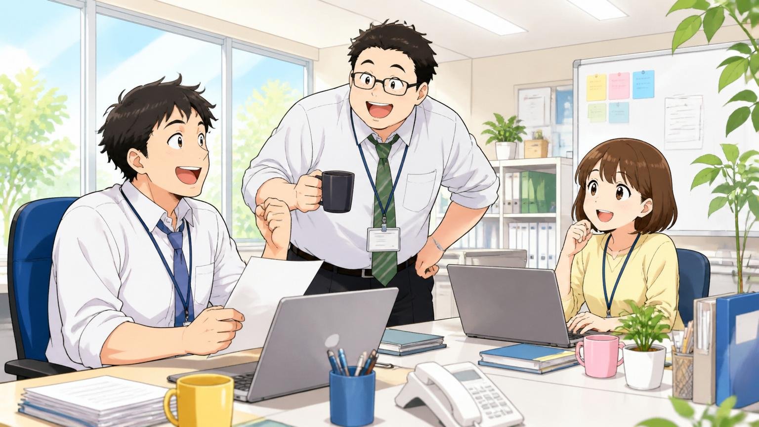 ホワイトな働き方の価値を再評価する。明るいオフィスで社員3人が和やかに働く様子