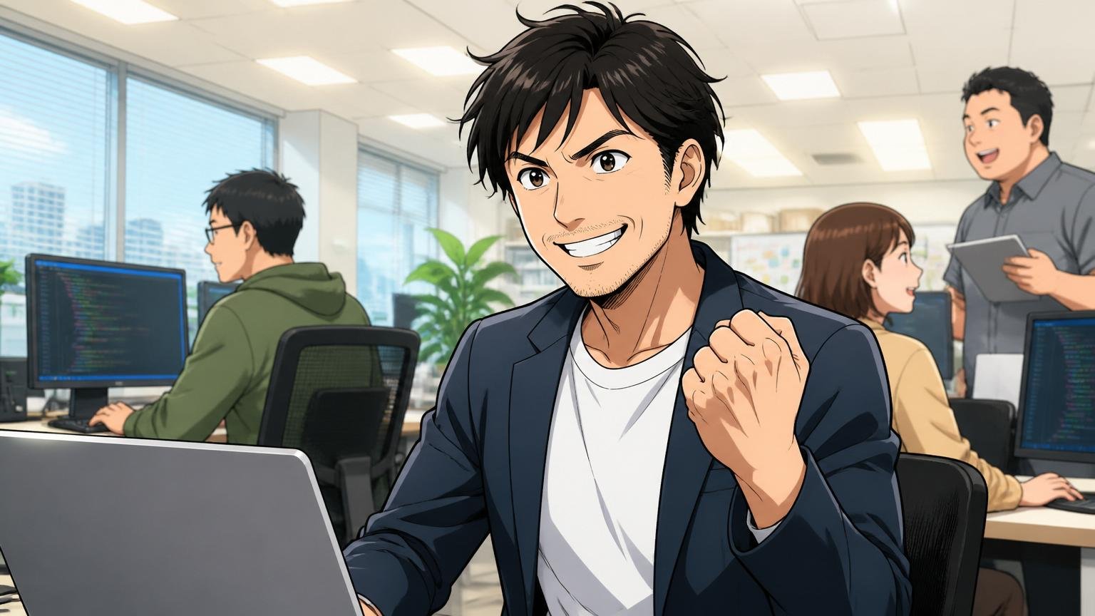 エンジニア経験者は動こうと思えば動ける市場にいる。IT企業のオフィスで30代男性が自信を取り戻した表情