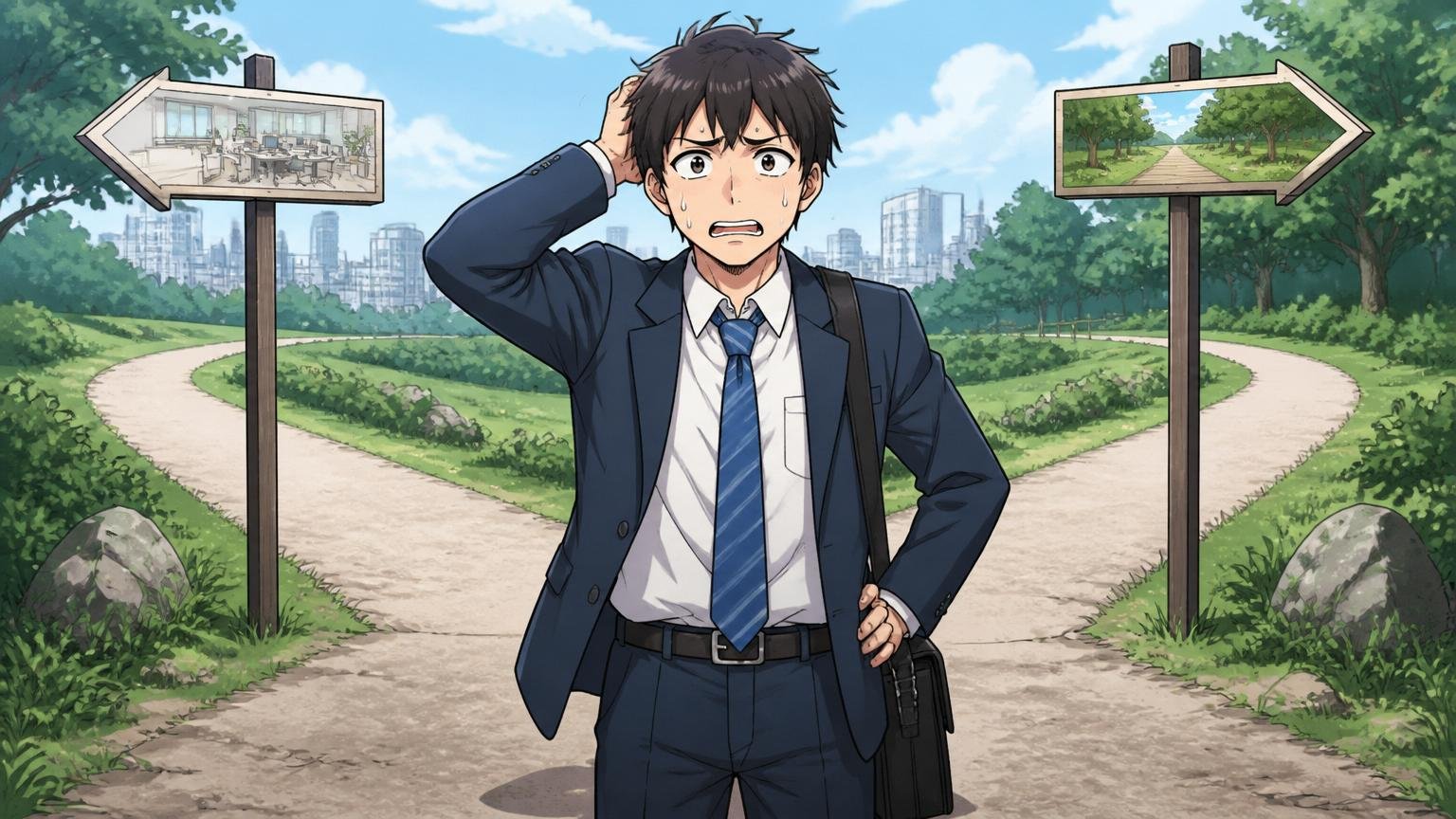 辞めるか残るかの二択で消耗するのをやめる 分かれ道で迷い立ち尽くす男性会社員1人