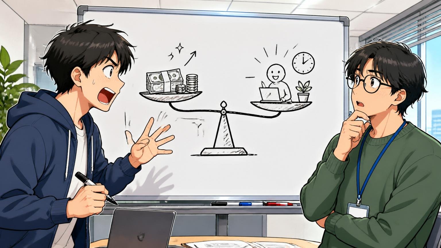 年収と働きやすさを切り分ける｜SIerの会議室でホワイトボードに天秤を描いて話し合うエンジニア2人