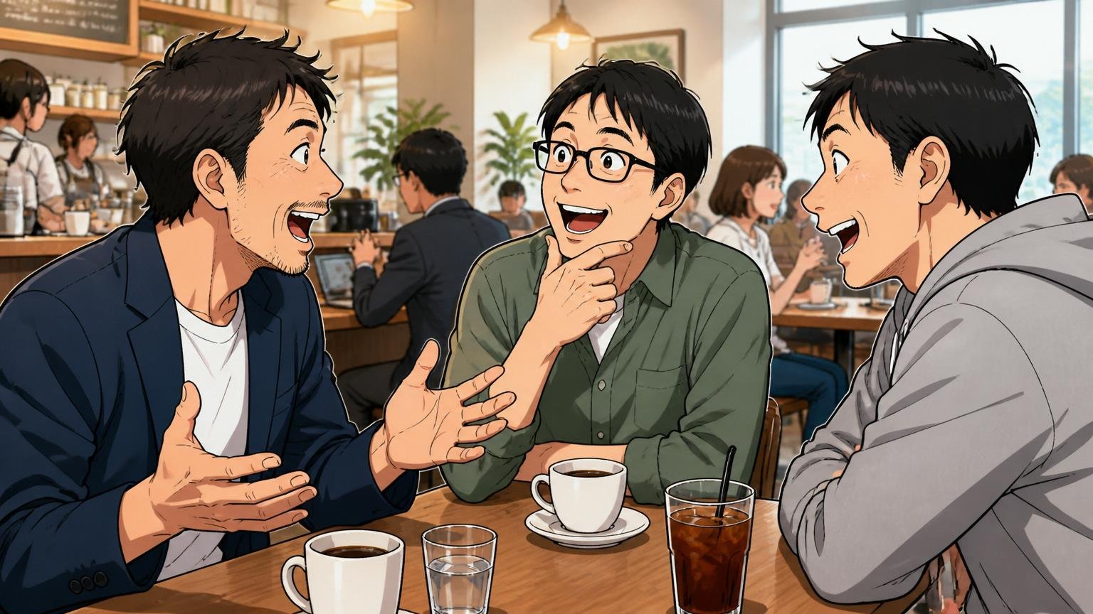 待遇は悪くないと辞めた人さえ認める。カフェで転職を語り合う30代男性元社員と中堅エンジニア2人