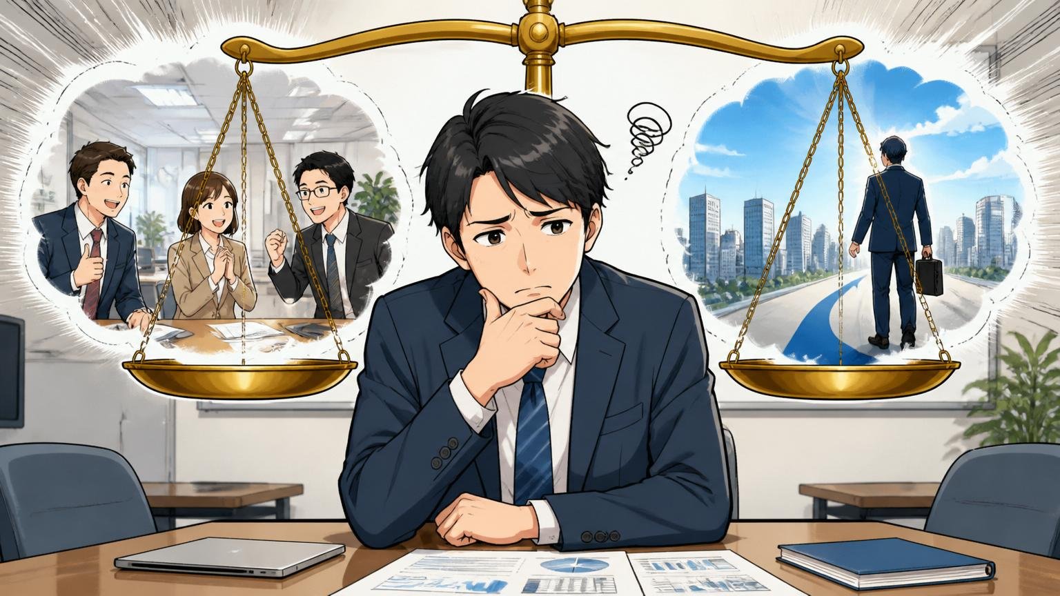 残るが正解な人と転職を検討すべき人 企業の会議室で残るか転職かを天秤にかけて考え込む30代社員1人