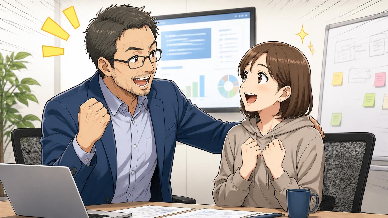 スキルを他社で活かしたいは市場価値のサイン。会議室で40代男性メンターが30代女性エンジニアを励ます