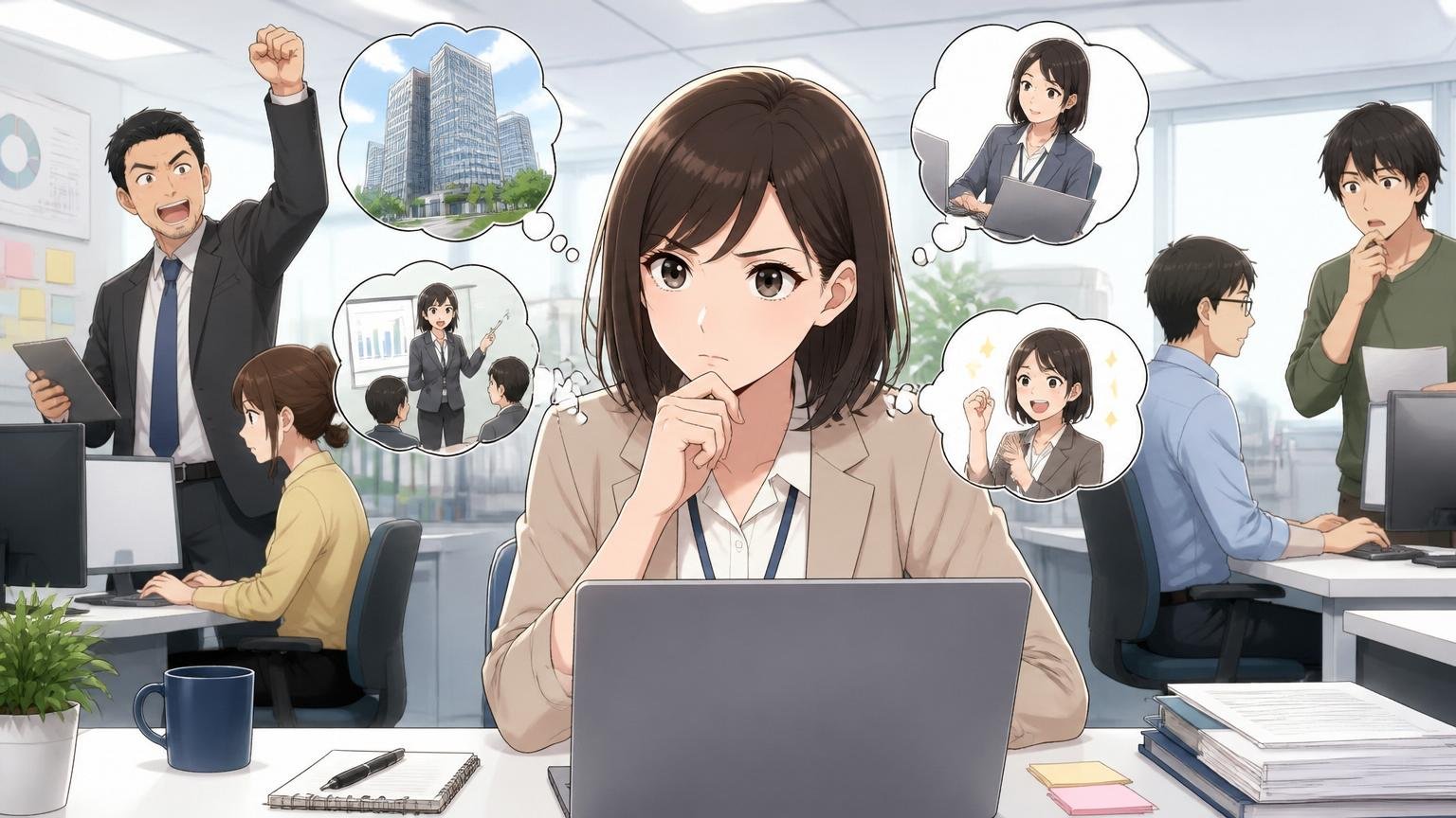 社内のキャリアの伸びしろを見極める。企業のオフィスで30代女性社員が今後のキャリアを考え込む