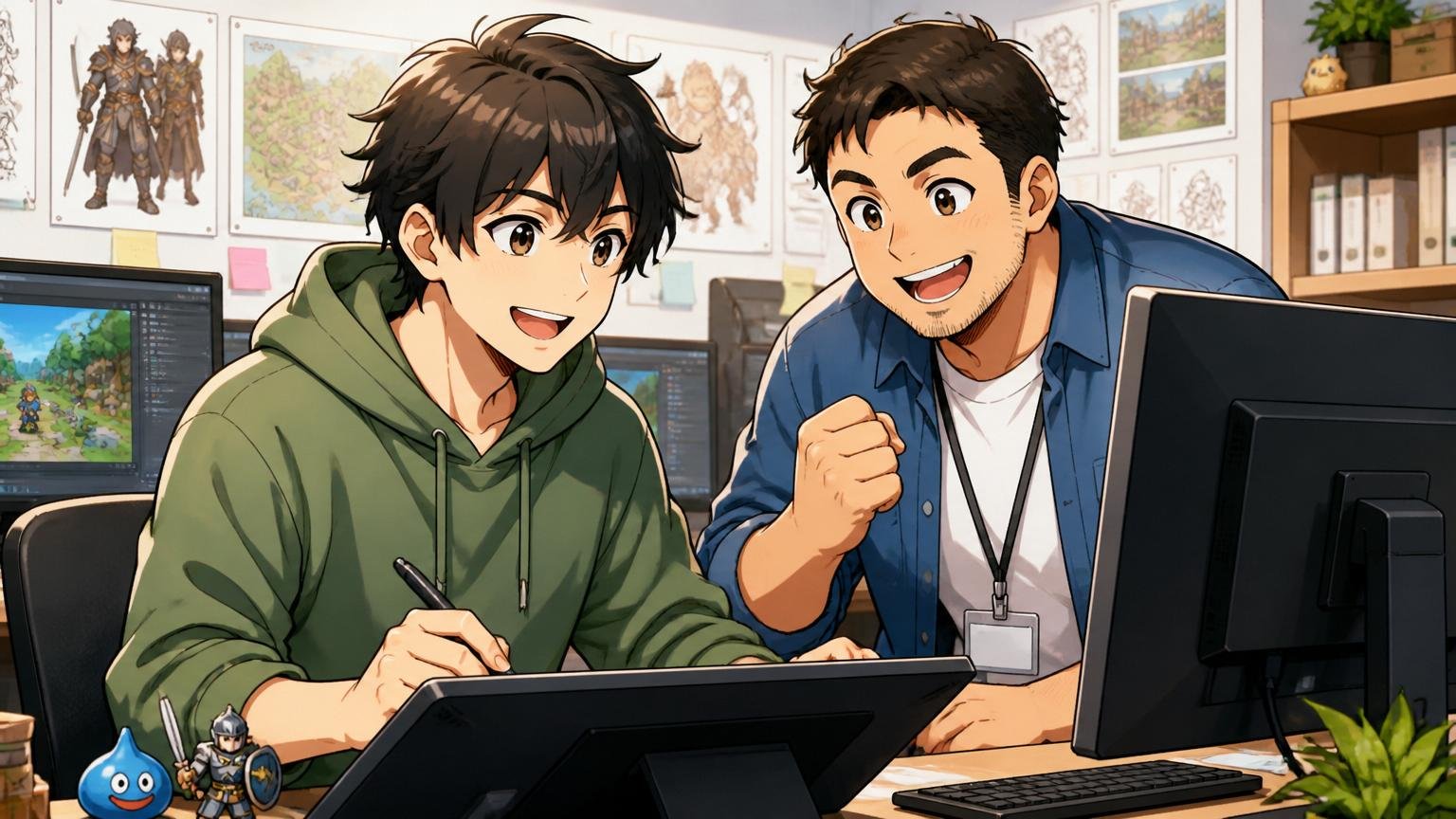 残るのも立派なキャリアの選択。ゲーム開発スタジオで前向きな表情で仕事に向かう男性クリエイター2人