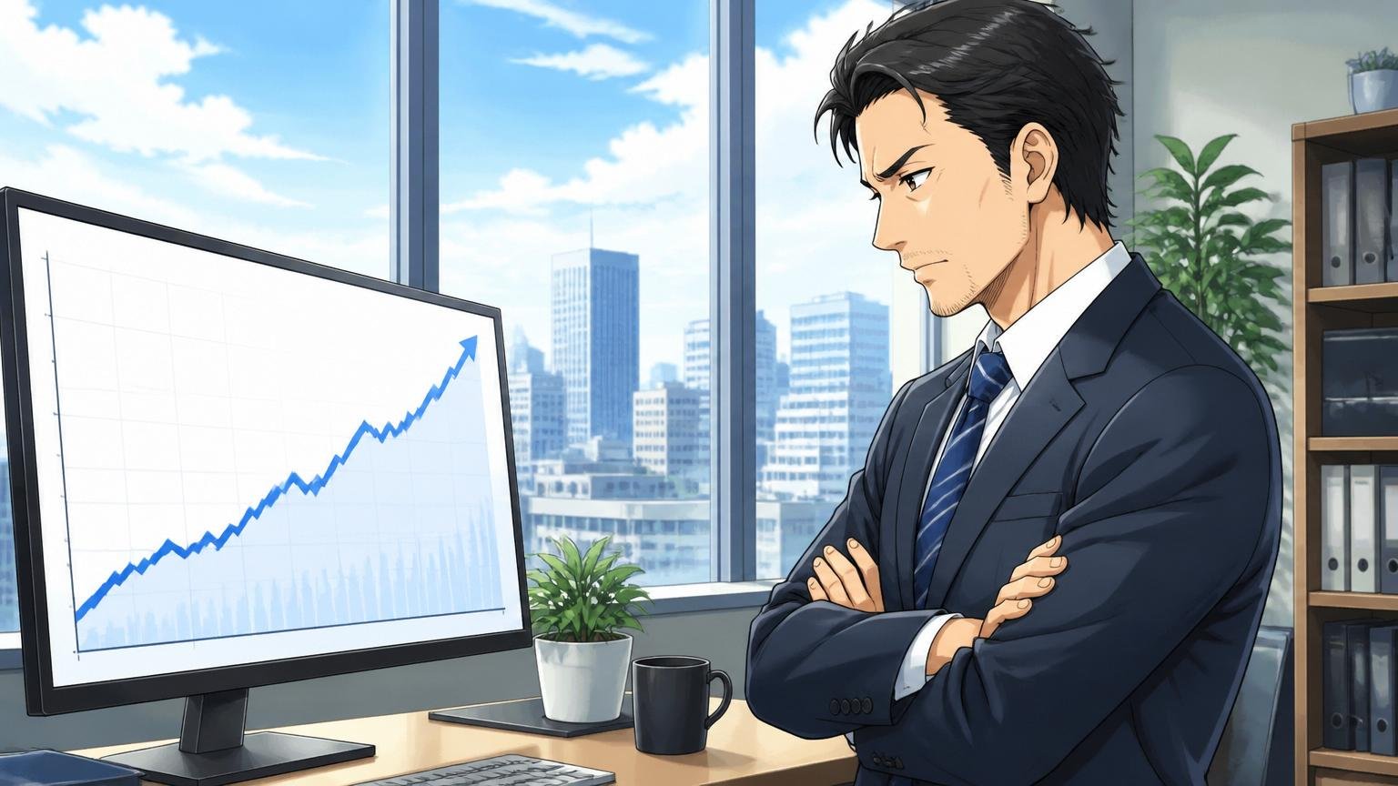 企業オフィスの窓際で長期の右肩上がりの賃金カーブのグラフを腕組みしてじっと見つめる40代男性社員