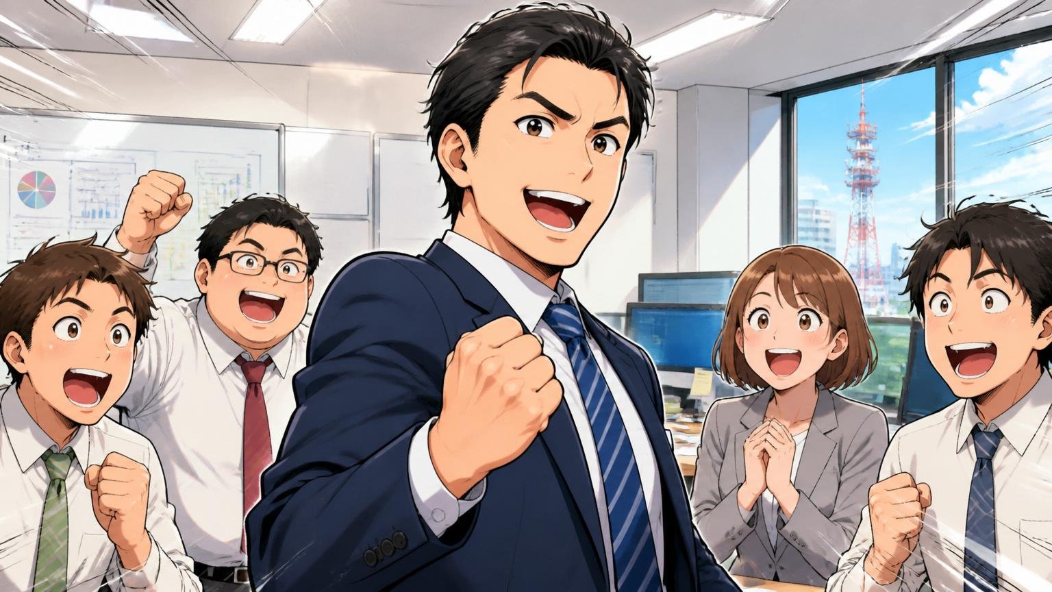 管理職昇進で年収1000万円台。通信会社のオフィスで課長クラスの男性が部下を前に手応えのある表情を見せる