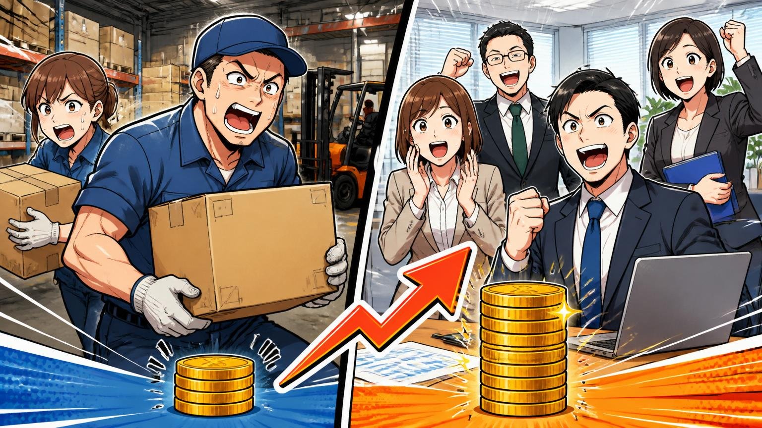 現場職と本社職は報酬体系が別。物流倉庫とオフィスで働く作業員とコーポレート社員4人