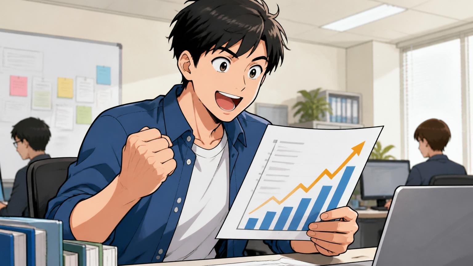 グレードを上げれば年収は伸び上振れの余地はある。オフィスで前向きに資料を見る30代男性エンジニア
